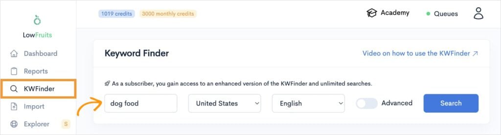 KWFinder Search LowFruits KWFinder seed keyword search.