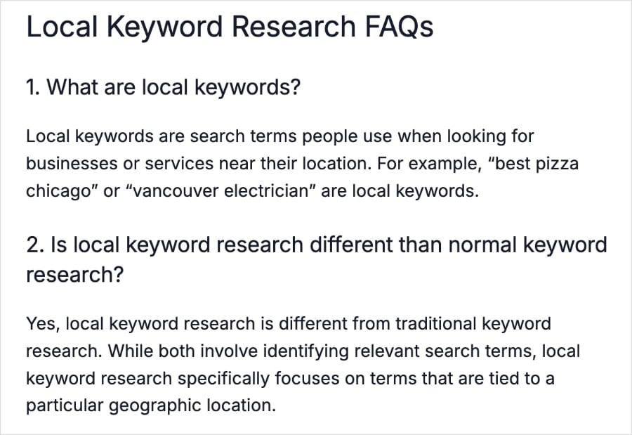 Example of Blog Post FAQs Local keyword research FAQs.