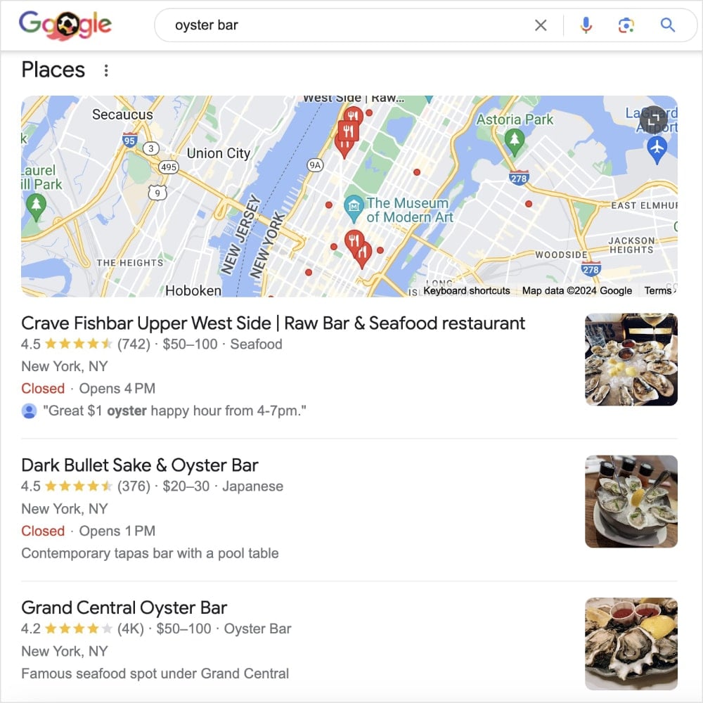 Google Local Pack Google local pack SERP feature shows local businesses for oysters.