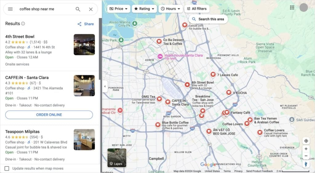 Local search results in Google Maps for the query coffee shop near me.