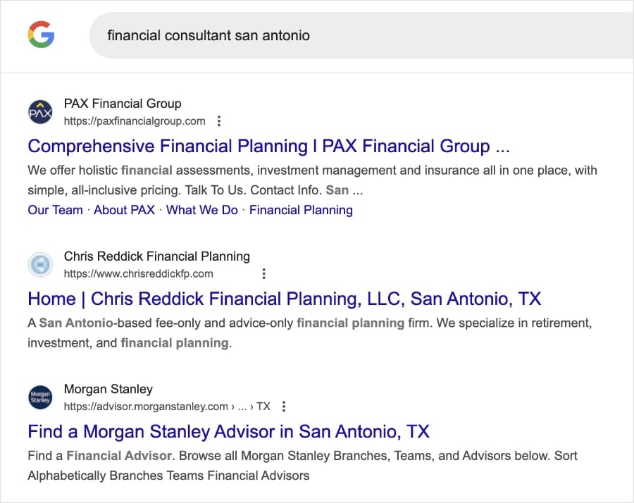 Google local search results for the query financial consultant san antonio.