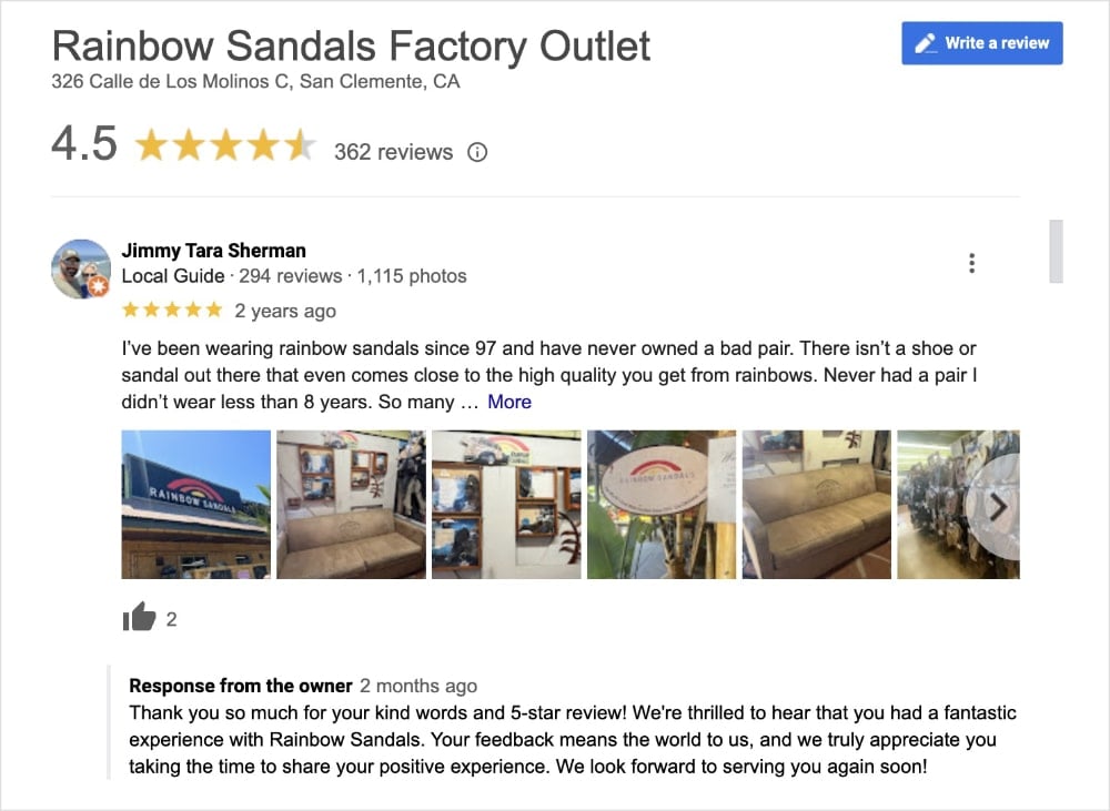 One of the benefits of local SEO is brand management. This Google review shows how a local business responds to customer reviews.