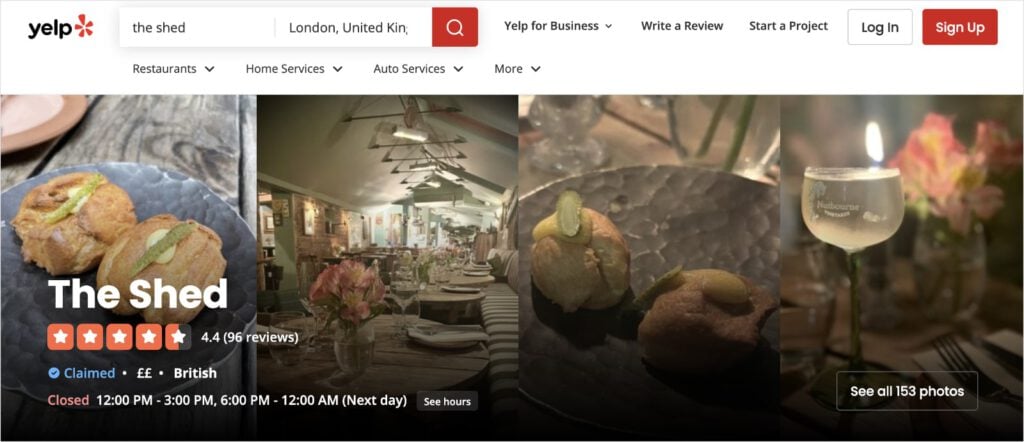 Yelp Is an Online Directory Yelp page for The Shed restaurant in London is an example of an online directory.