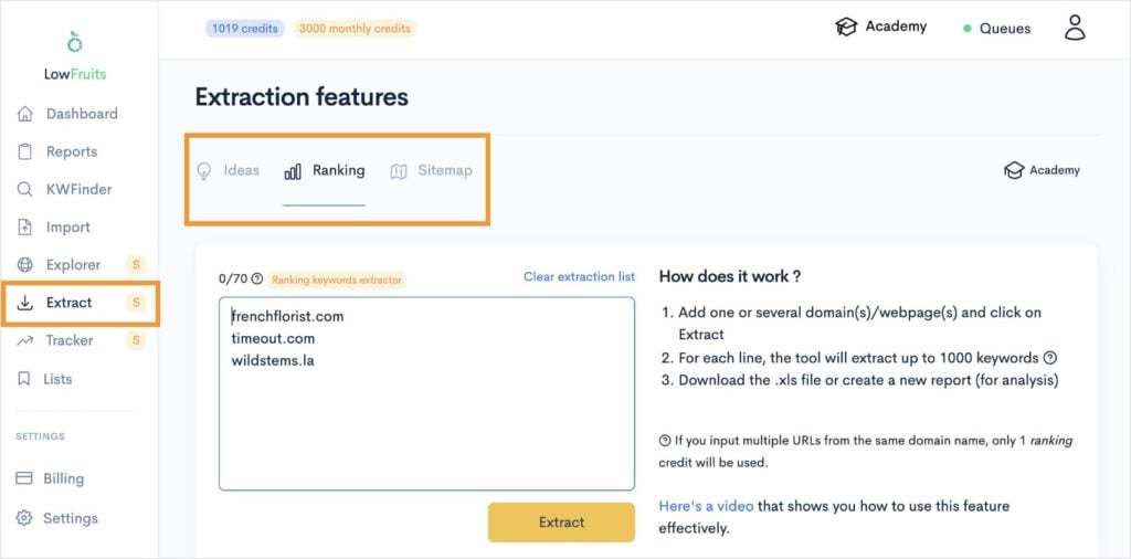 Extract Competitors' Keywords Extraction features with list of competitors' websites.