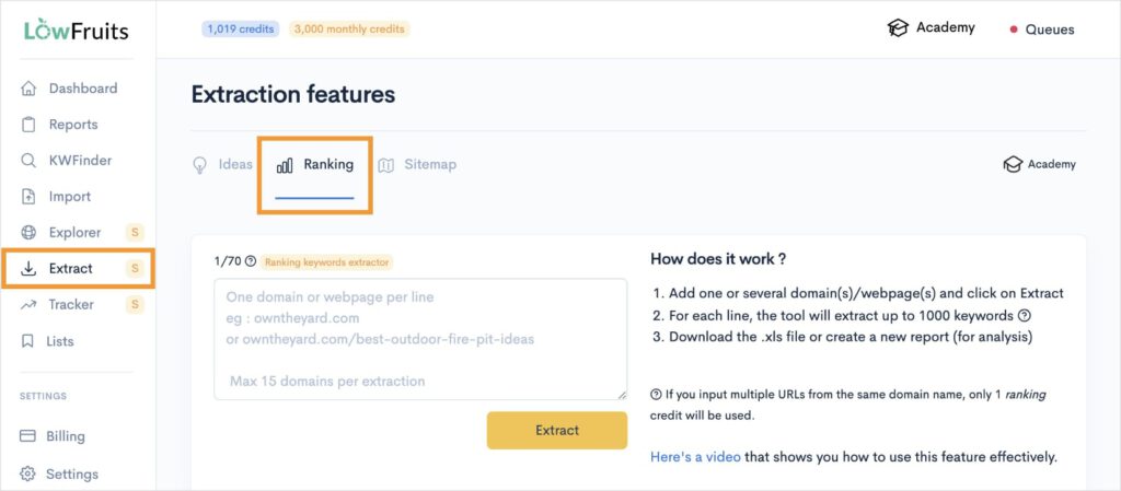 Ranking Tab in the Extract Tool LowFruits Extract tool allows you to find competitors' keywords.