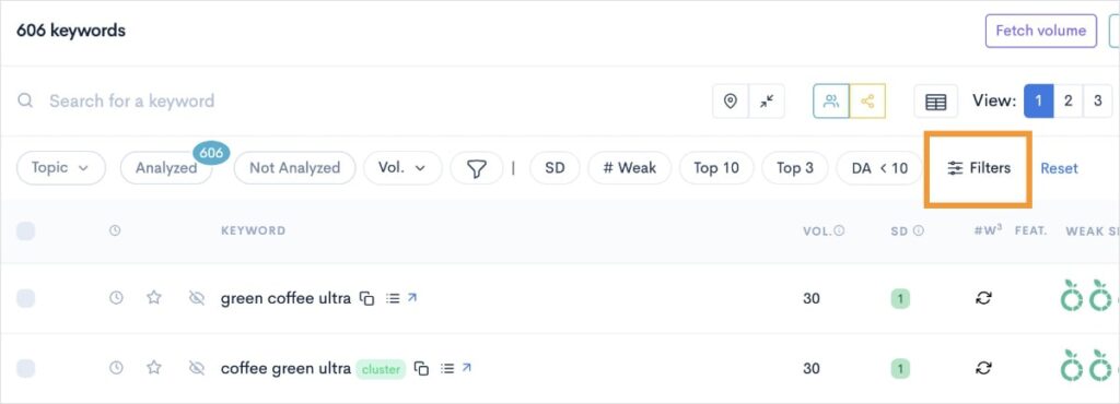 Add Filters LowFruits filters button in a keyword gap analysis report.