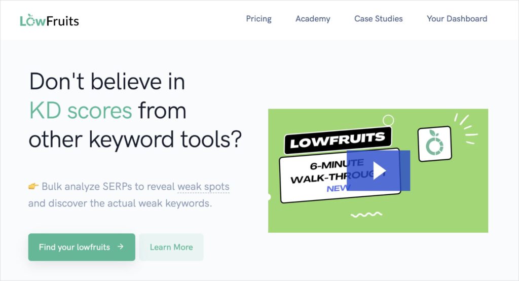 LowFruits Homepage LowFruits homepage, a long-tail keyword research tool for small businesses.