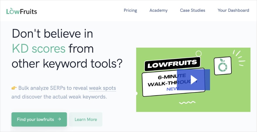 LowFruits Homepage LowFruits homepage, a keyword research tool.
