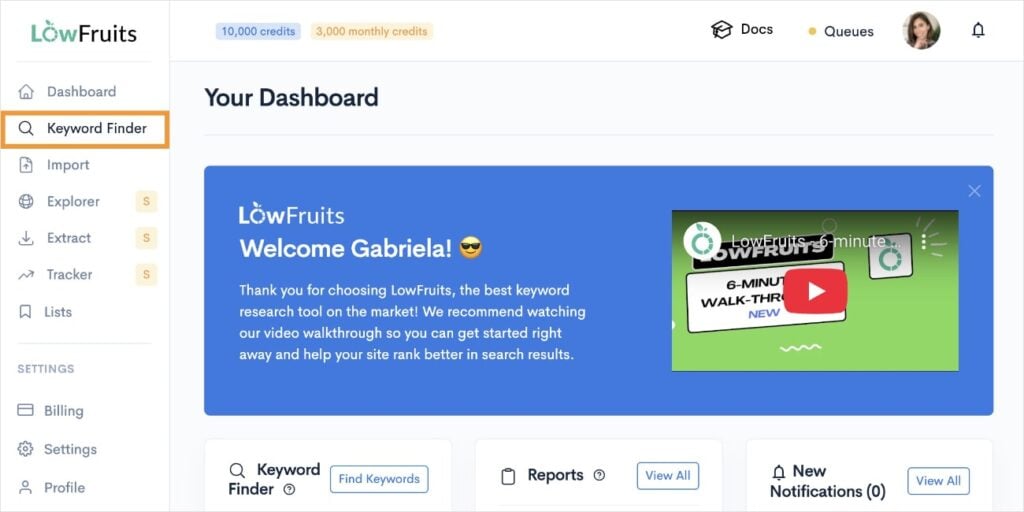 Keyword Finder LowFruits Keyword Finder in the left menu.