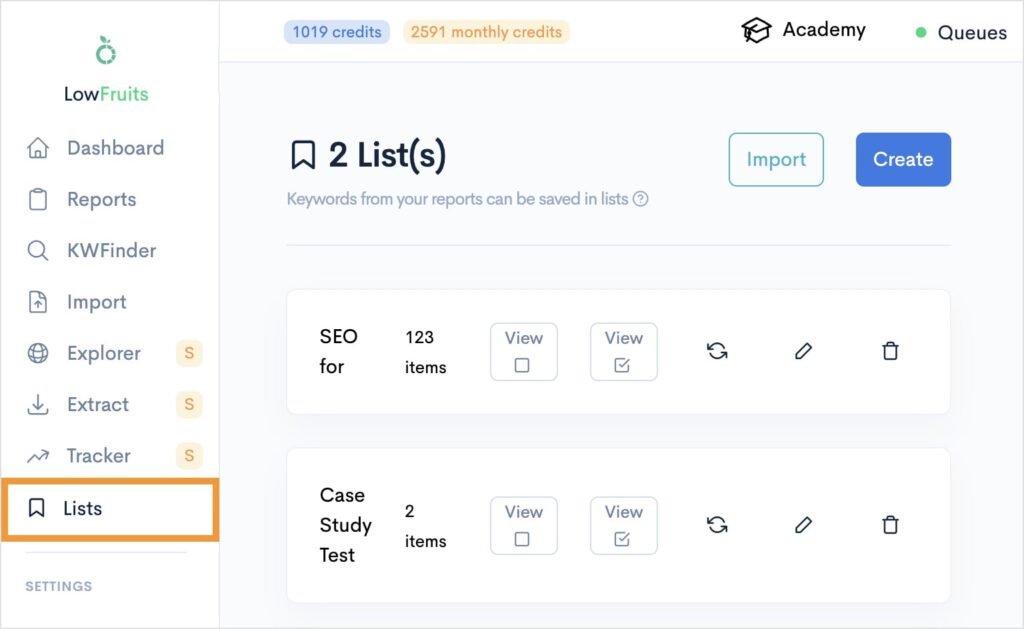 Access Lists in LowFruits LowFruits lists.