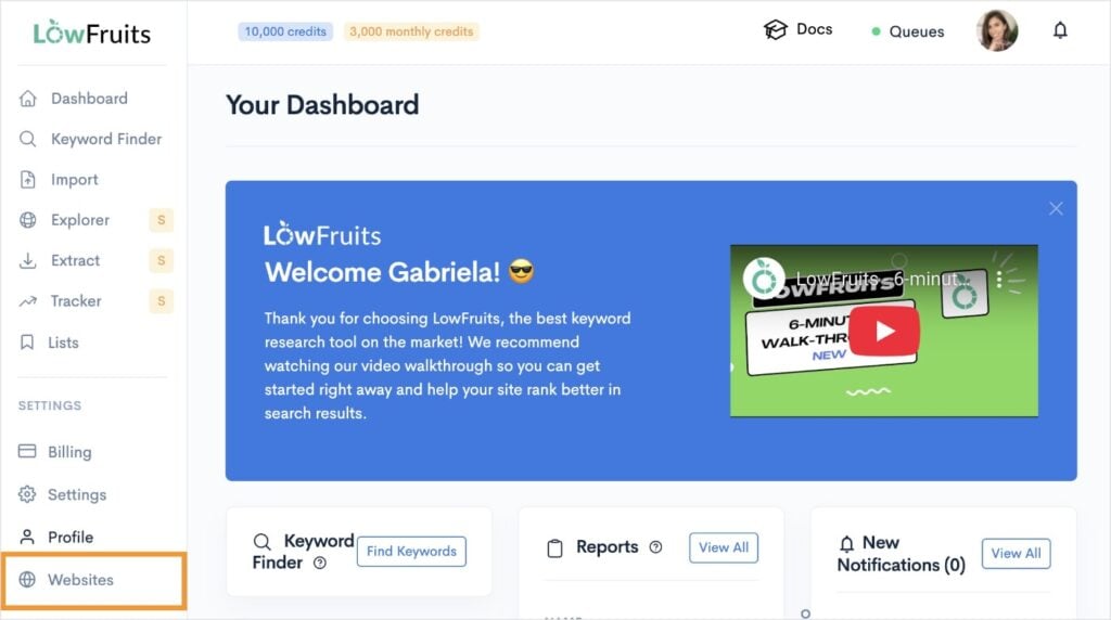 LowFruits Dashboard >> Websites LowFruits dashboard.