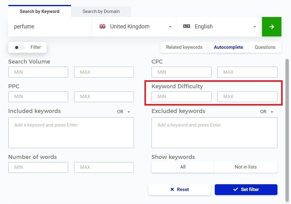 A screenshot of a Mangools SEO keywords page.