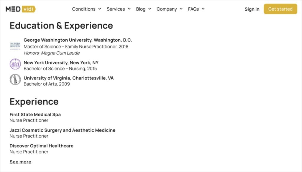 Example of Credentials on an Author Bio Pagee Author bio page shows education and experience on MEDvidi's website.