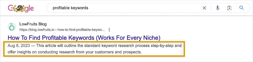 Meta Description Example A search result and meta description for the query "profitable keywords."