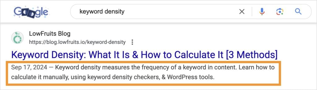 Meta Description in Google Meta description in Google about keyword density.