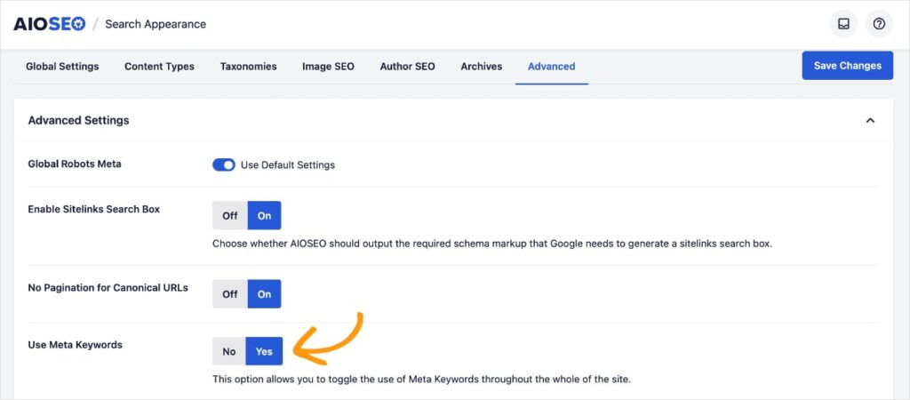 AIOSEO advanced setting show toggle switch for meta keywords.