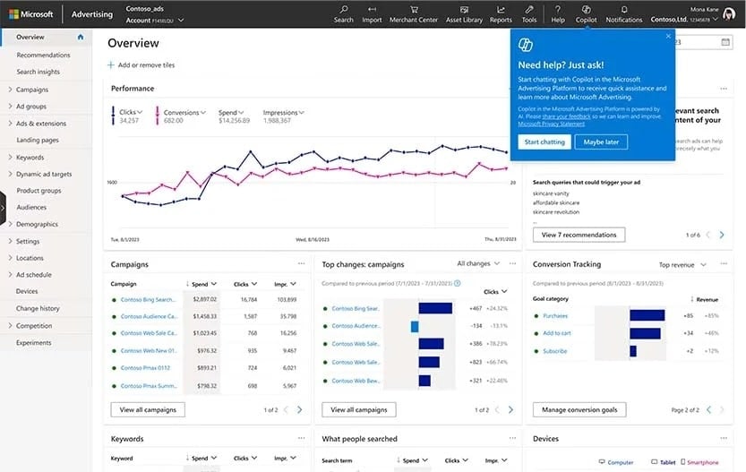 Microsoft Ads Overview Microsoft Ads gives an overview of your paid ad campaigns.