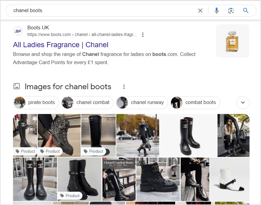 Search Query With Mixed Intent Google search results for chanel boots query.