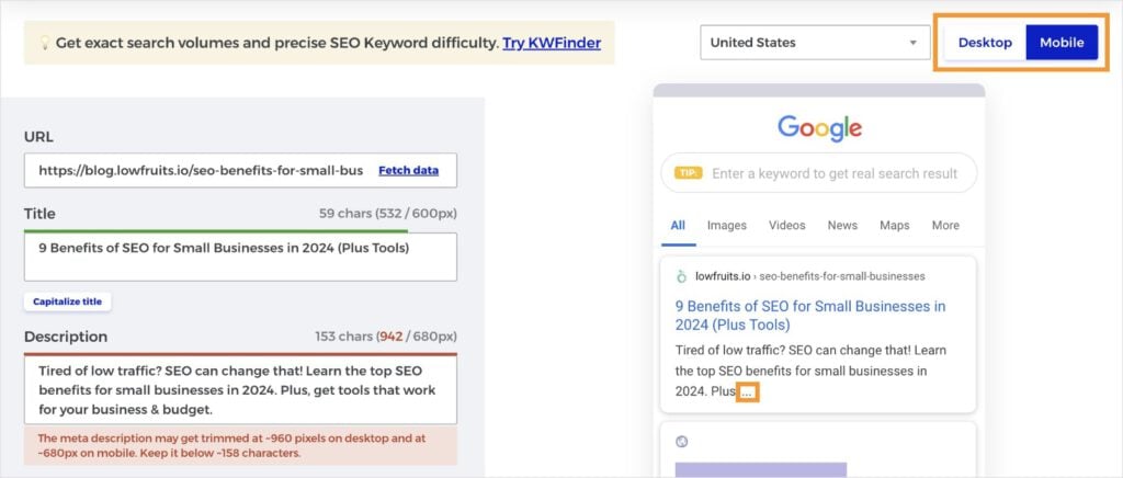 Mobile Preview Mobile preview of a search listing.