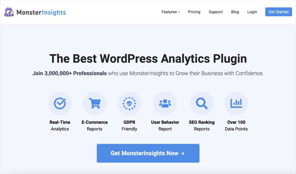 Monster Insights MonsterInsights homepage, a Google Analytics WordPress plugin.