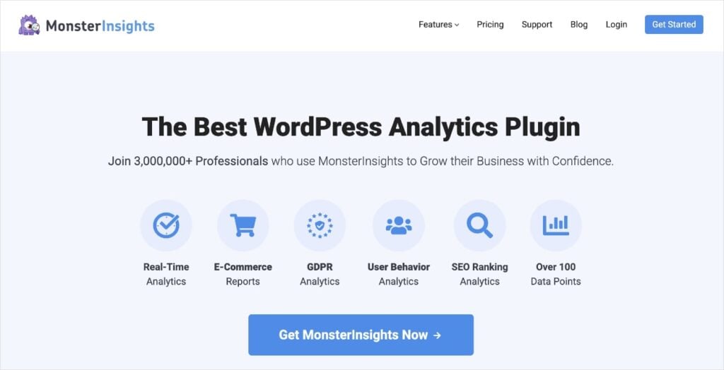 MonsterInsights Homepage MonsterInsights homepage, a WordPress analytics plugin.