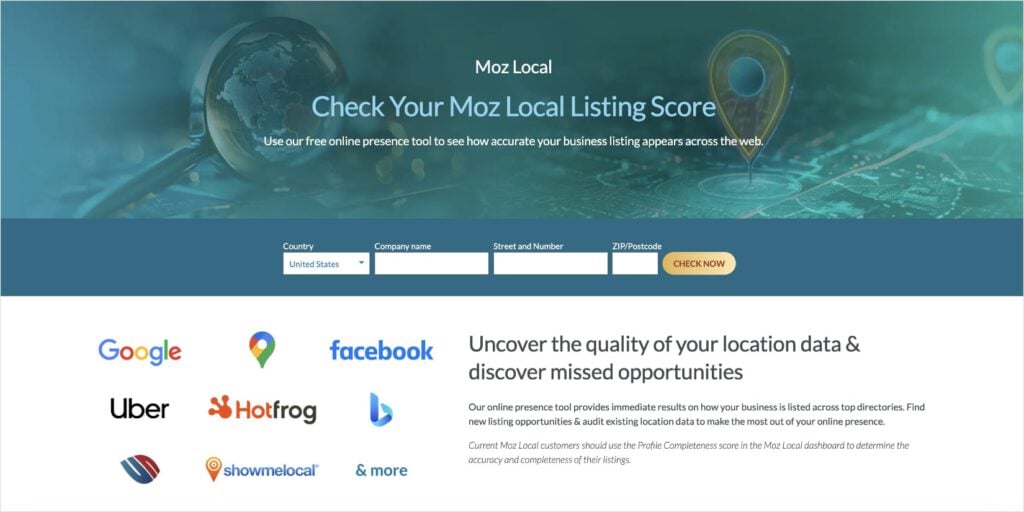 MOZ Local - NAP Checker Moz Local listing score page asks for your business name.
