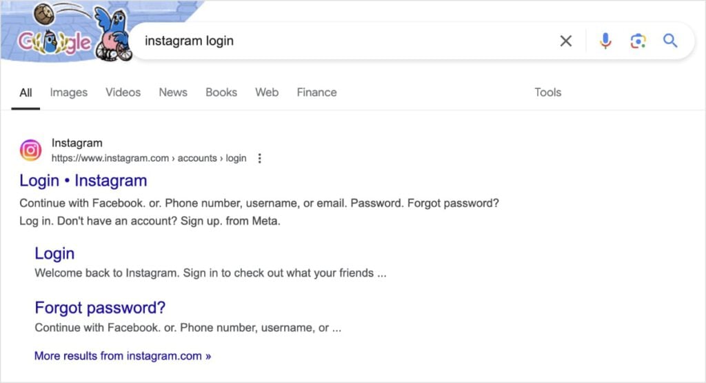 Navigational Search Example Navigational keyword instagram login shows the login page in search results.