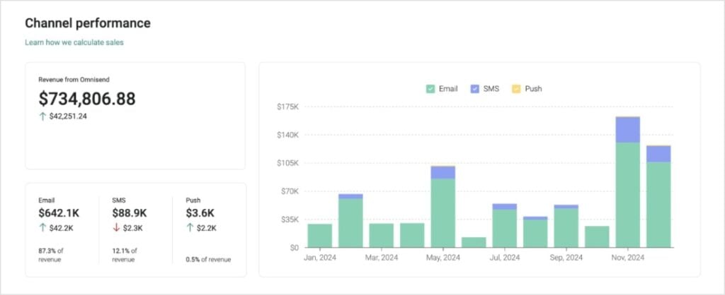 Omnisend Channel Performance Omnisend channel performance dashboard.