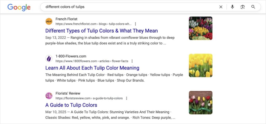Direct Competitors Organic search results for the query different colors of tulips.