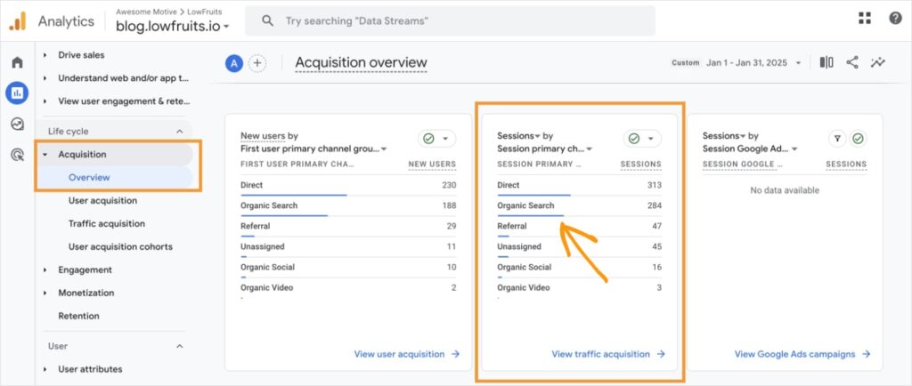 Organic Search Traffic in GA4 Organic search traffic report in Google Analytics.