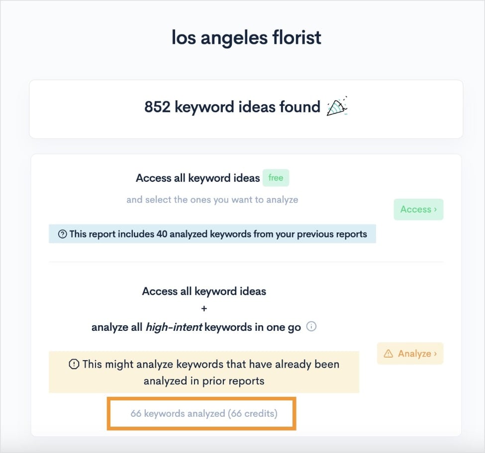 KWFinder Credit Cost Example KWFinder shows that it costs 66 credits to analyze 66 keywords.
