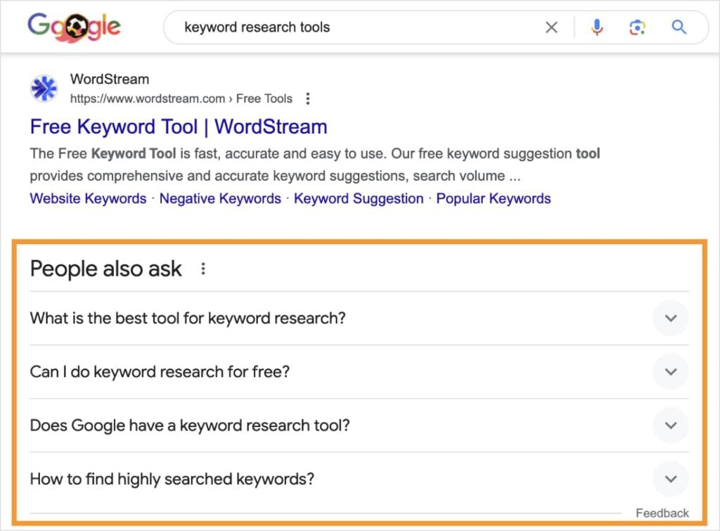 Google People Also Ask section for the query kewyord research tools.