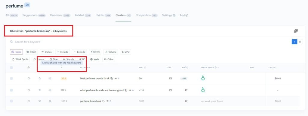 A screenshot of a Mangools' LowFruits keyword research dashboard with valuable insights gathered from Google Analytics data.
