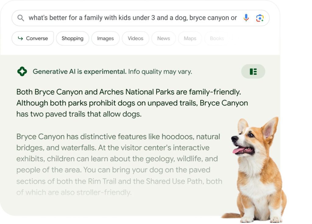 A dog is standing in front of a Google search page A dog is standing in front of a Google search page.