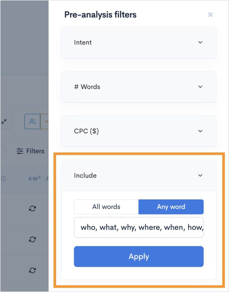 Add Question Keyword Filters Question keywords used in the keyword filter of LowFruits.
