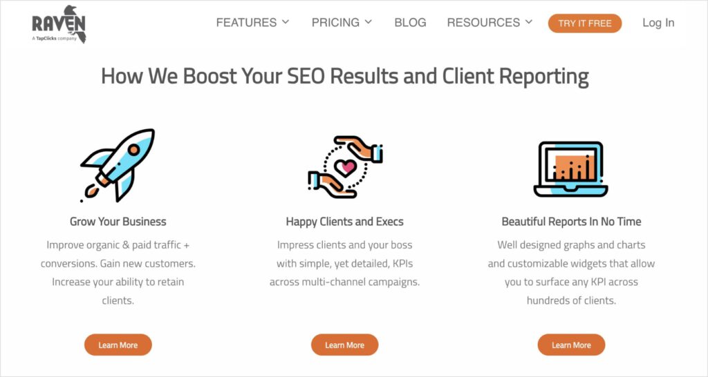 Raven Tools Homepage Raven Tools homepage, one of the best SEO tools for small business owners.