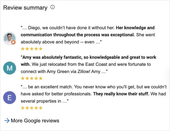 Google Reviews Build Trust Google reviews for a real estate agent.