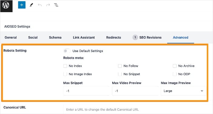 Robots Meta Tag Settings in AIOSEO Robots meta tags in AIOSEO settings.