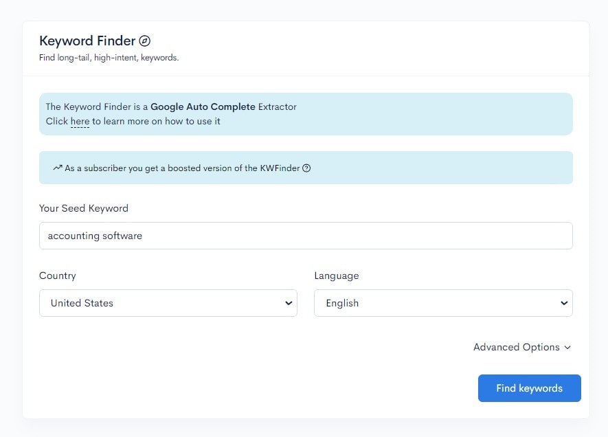 A screenshot of the easy keyword finder page A screenshot of the easy keyword finder page.
