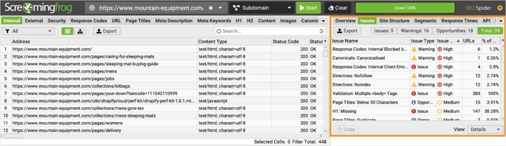 Site Issues Screaming Frog SEO Spider site audit tool.