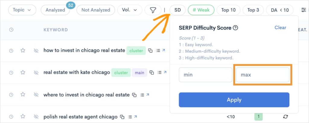 Keyword Difficulty Filter SERP difficulty score filter gets a max of 1.