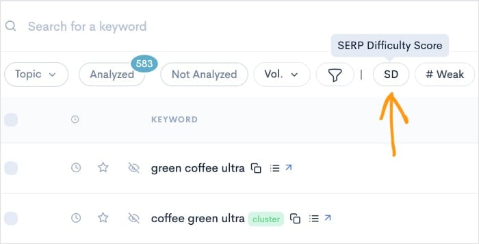 SERP Difficulty Score (Keyword Difficulty) Filter Filter for SERP Difficulty Score.