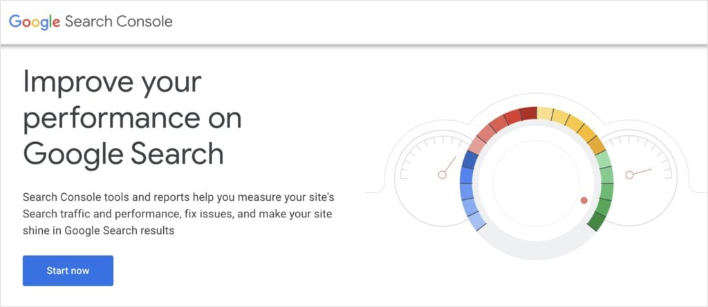 Google Search Console homepage, an organic performance tracking tool.