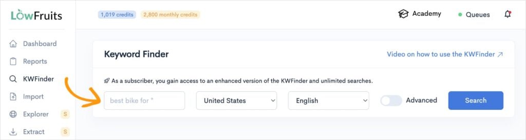 KWFinder Search Seed keyword search in LowFruits.