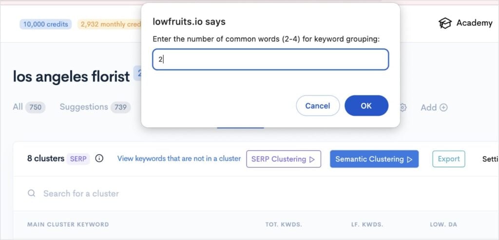 Semantic Keyword Grouping Semantic keyword grouping settings.