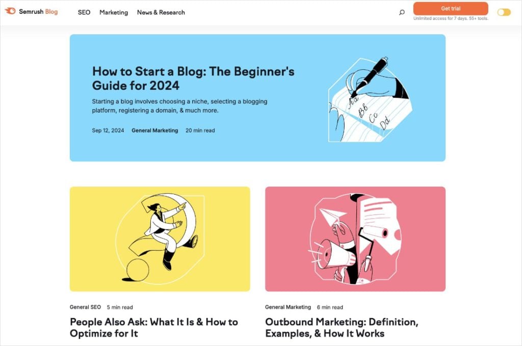 Semrush Blog Semrush blog with three articles about SEO.