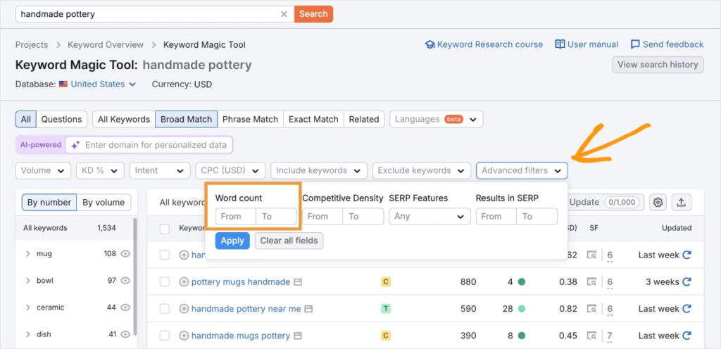 Semrush word count filter settings.