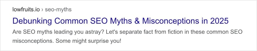 SERP snippet of SEO myths and SEO misconceptions blog.