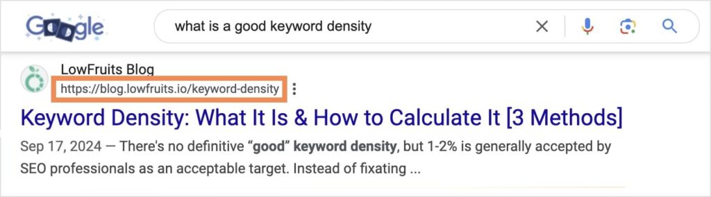 URL in Google Search Results SEO-optimized content includes URL slug optimizations, which is shown in Google search results.