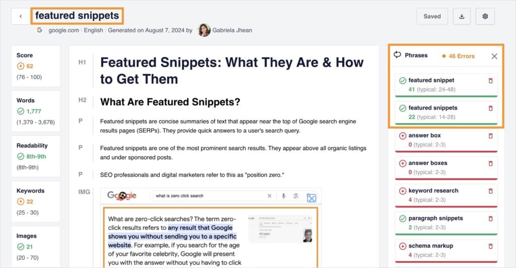 SEOBoost Content Optimization Tool SEOBoost content optimization tool shows focus keyword usage.